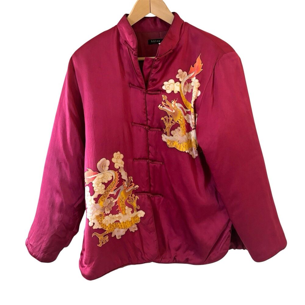 Womens Satin Chinese Jacket Dragon‎ Design 100% Silk Size Large Red Artsy City